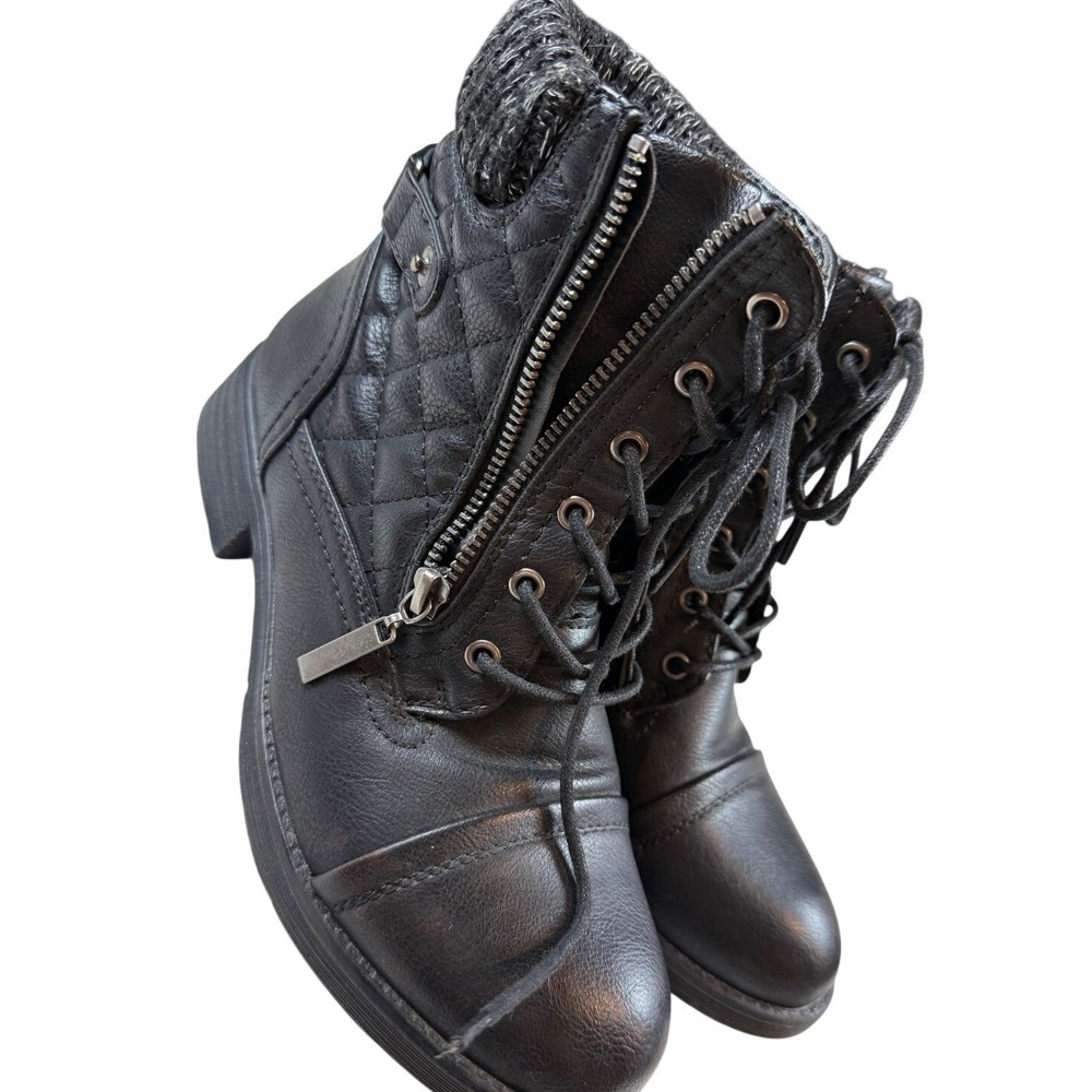 Black Quilted Combat Boots with Sweater Cuff Lace Up Side‎ Zip Womens 7.5